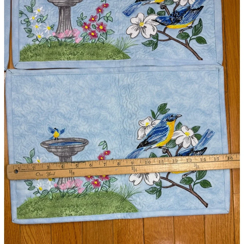 Set of 4 Quilted Embroidered Bluebird Birdbath Floral Placemats Light Blue‎